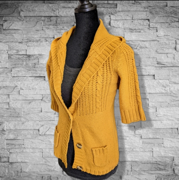 Mustard Yellow Sweater Jacket Fall Cardigan Short Sleeve Button Up Knit - Picture 6 of 10